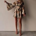 Printed Flared Sleeve Open-back A-line Mini Dress