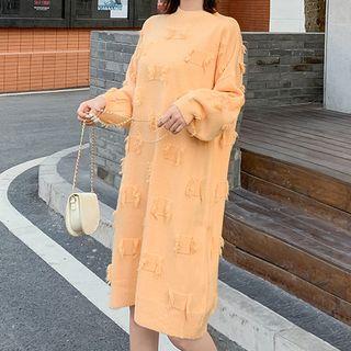 Fringed Trim Long-sleeve Midi Knit Dress