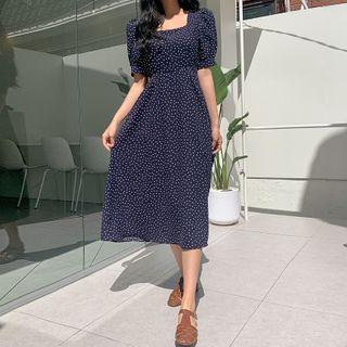 Puff-sleeve Polka-dot Dress Dark Navy Blue - One Size