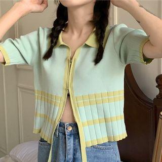 Short-sleeve Zip Knit Top Green - One Size