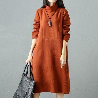 Mock-neck Long-sleeve Knit Shift Dress