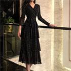 Plain V-neck Lace-up Long-sleeve Dress Black - One Size