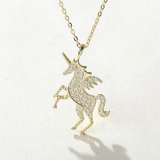 925 Sterling Silver Rhinestone Unicorn Pendant Necklace Gold - One Size