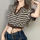 Short-sleeve Lace-up Striped Crop Top
