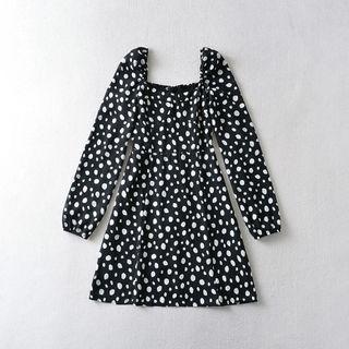 Long-sleeve Square-neck Dotted Mini A-line Dress