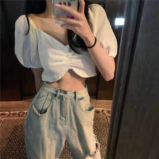 Puff-sleeve Ruffled Cropped Top White - One Size