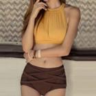 High-neck Short-sleeve Top / Cross Strap Bottom - Set