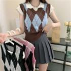 Argyle Sweater Vest / Pleated Mini A-line Skirt / Short-sleeve Collared Top
