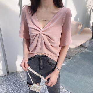 Knot V-neck Loose-fit Short-sleeve Knit Top