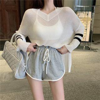 V-neck Side Split See-through Knit Top / Contrast Trim High Waist Sweat Shorts
