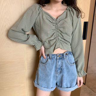 Plaid Shirred Blouse