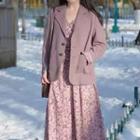 Set: Plain Blazer + Spaghetti Strap Leaf Print Midi A-line Dress
