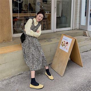 Plain Single-breasted Long-sleeve Blouse / Leopard Strap Dress