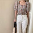 Short-sleeve Square-neck Floral Top