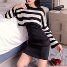 Set: Plain Tank Dress + Striped Long-sleeve Cropped Knit Top Set Of 2 - Stripe - One Size