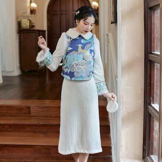Long-sleeve Midi Qipao / Embroidered Vest