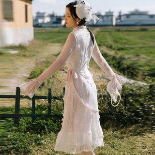 Bell-sleeve Mandarin Collar Lace Dress