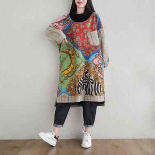 Long-sleeve Patterned Dress Green & Red & Almond - One Size