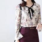 Velvet Tie-neck Floral Ruffled Blouse