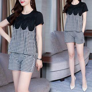 Set: Short-sleeve Lace Paneled Checker Top + Wide-leg Shorts