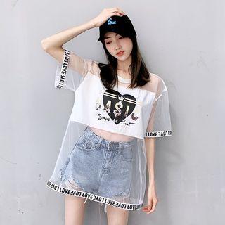 Short-sleeve Heart Print Mesh T-shirt