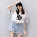 Short-sleeve Heart Print Mesh T-shirt
