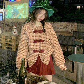 Plaid Duffle Coat / Mini Pleated Skirt