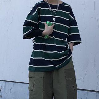 3/4-sleeve Chinese Character Striped T-shirt