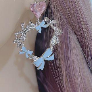 Heart Bow Rhinestone Hoop Dangle Earring 1 Pair - Pink Heart - Silver & White - One Size