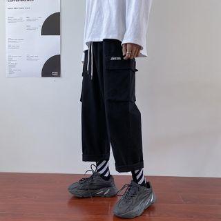 Lettering Embroidered Cropped Wide Leg Cargo Pants