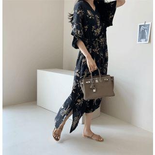 Drawstring-waist Floral Print Dress Navy Blue - One Size