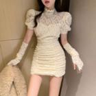 Set: Short-sleeve Lace Dress + Arm Sleeves