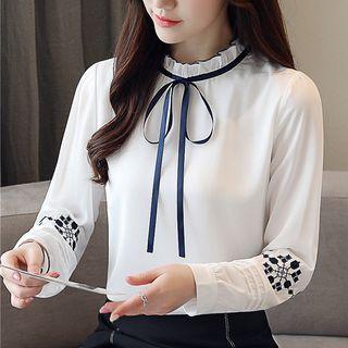 Mock Neck Embroidered Blouse