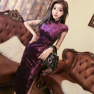 Short-sleeve Velvet Midi Slit Qipao