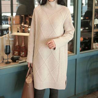 High-neck Rhombus Wool Blend Sweater Dress