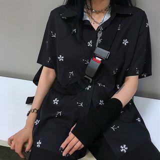 Short-sleeve Flower Print Shirt Black - One Size