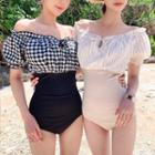 Off-shoulder Gingham Panel Swimsuit