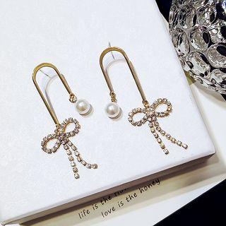 Faux Pearl Rhinestone Bow Dangle Earring Gold - One Size