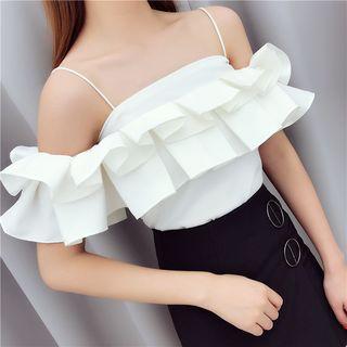 Ruffled Off-shoulder Short-sleeve Blouse