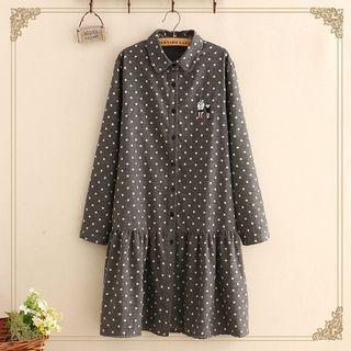 Embroidered Polka Dot Long-sleeve Shirt Dress