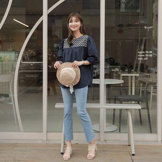 Eyelet Lace-yoke Shirred Blouse