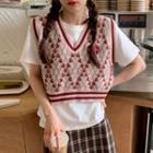 V-neck Bear Embroidered Cropped Sweater Vest Red - One Size