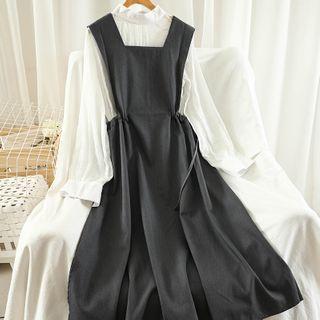 Set: Long-sleeve Mock-neck Blouse + A-line Midi Pinafore Dress