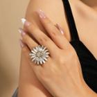 Flower Rhinestone Alloy Open Ring 1pc - Gold & White - One Size