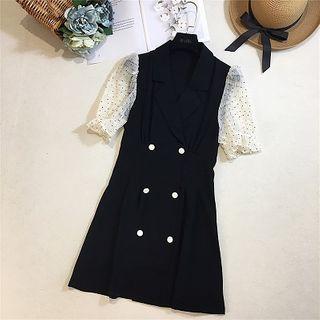 Dotted Short-sleeve Panel Double-breasted Mini A-line Dress