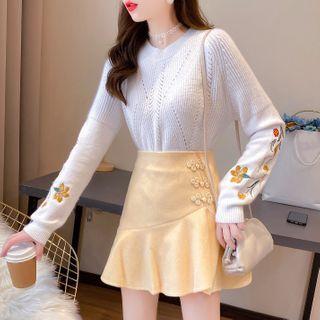 Set: Long-sleeve Flower Embroidered Knit Top + High-waist Plain Mermaid Skirt