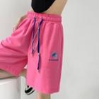 Dolphin-embroidered Drawcord Cotton Shorts