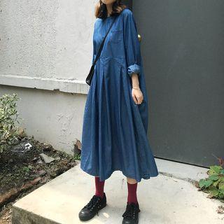 Long-sleeve Denim A-line Midi Dress Blue - One Size