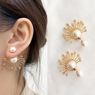 925 Sterling Silver Faux Pearl Stud Earring 1 Pair - 925 Silver Stud - Fan Shape - 2 Faux Pearl & Star & Rhinestone - Gold - One Size