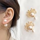 925 Sterling Silver Faux Pearl Stud Earring 1 Pair - 925 Silver Stud - Fan Shape - 2 Faux Pearl & Star & Rhinestone - Gold - One Size